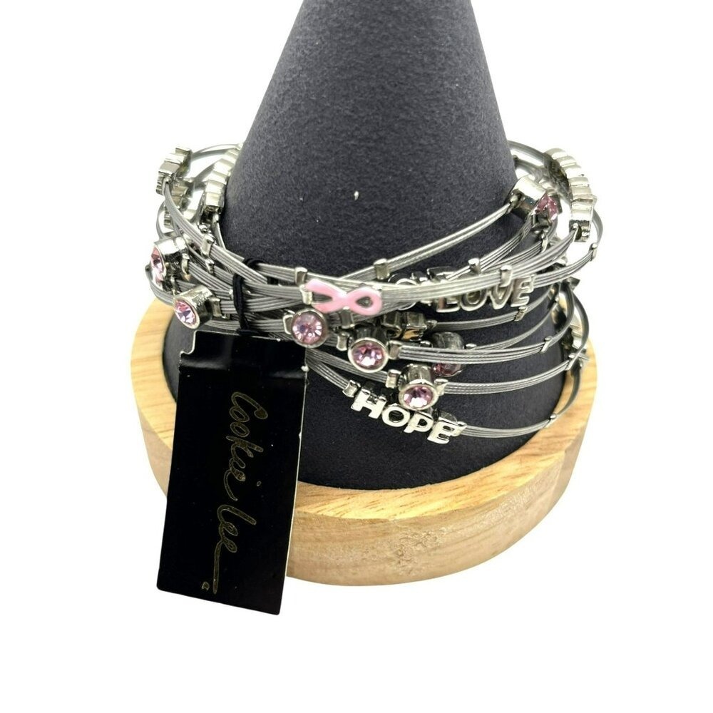 Breast Cancer Awareness Pink Crystal Bangle Set Silver Tone Inspirational Boho